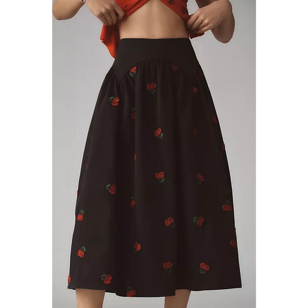 Avec Les Filles Petite Cherry Applique Midi Skirt | Black in Small - Picture 2 of 8
